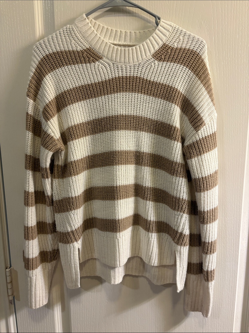 SO Women's Cream and Brown Striped Crewneck Sweater